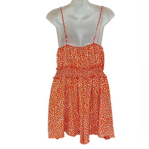 She + Sky Small Orange and White Spaghetti Strap Petal Skirt Romper - Picture 2 of 11